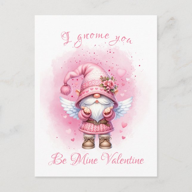Cute Pink Watercolor Gnome Valentine Day Postcard (Front)