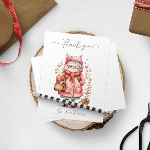 Cute Pink Watercolor Grandma Cat Floral Thank You Card