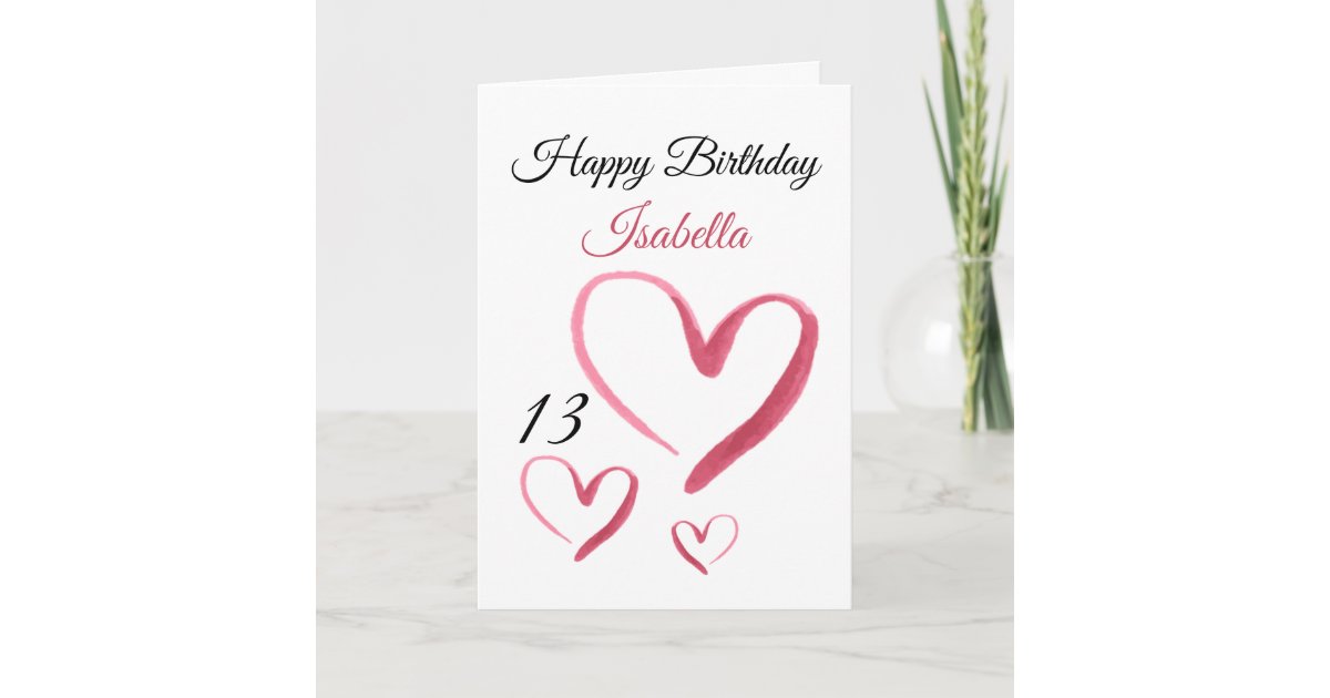Cute Pink Watercolor Heart 13th Birthday Card | Zazzle