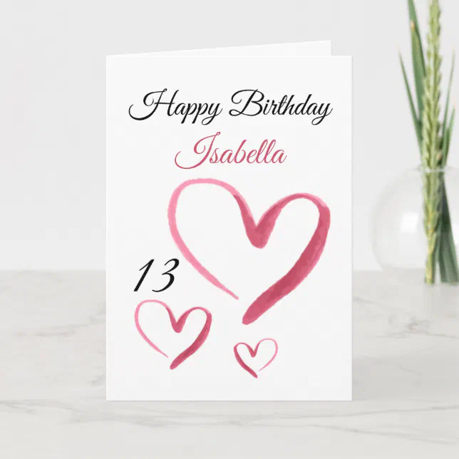 Cute Pink Watercolor Heart 13th Birthday Card | Zazzle
