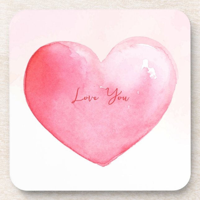 Cute pink watercolor heart beverage coaster (Front)