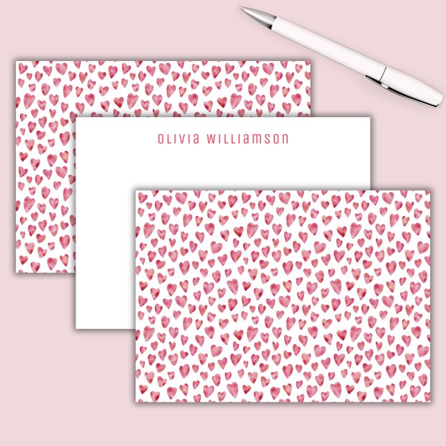 Cute Pink Watercolor Heart Pattern Personalized Note Card (Pink watercolor love heart personalized notecards)