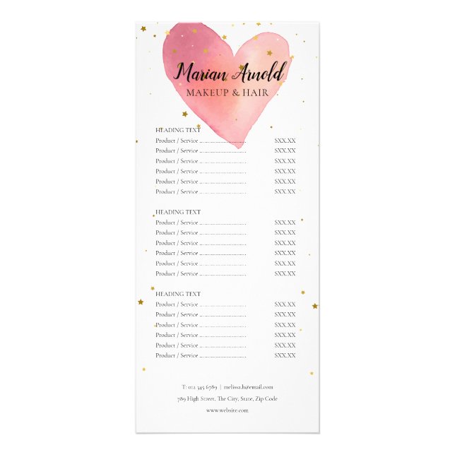 Cute Pink Watercolor Heart Salon Service Menu (Front)