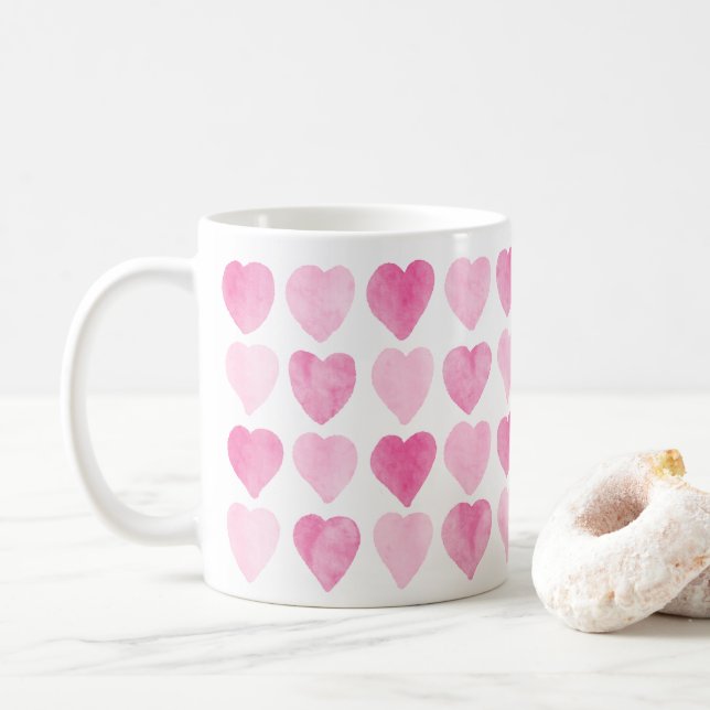 Cute Pink Watercolor Hearts Coffee Mug (With Donut)