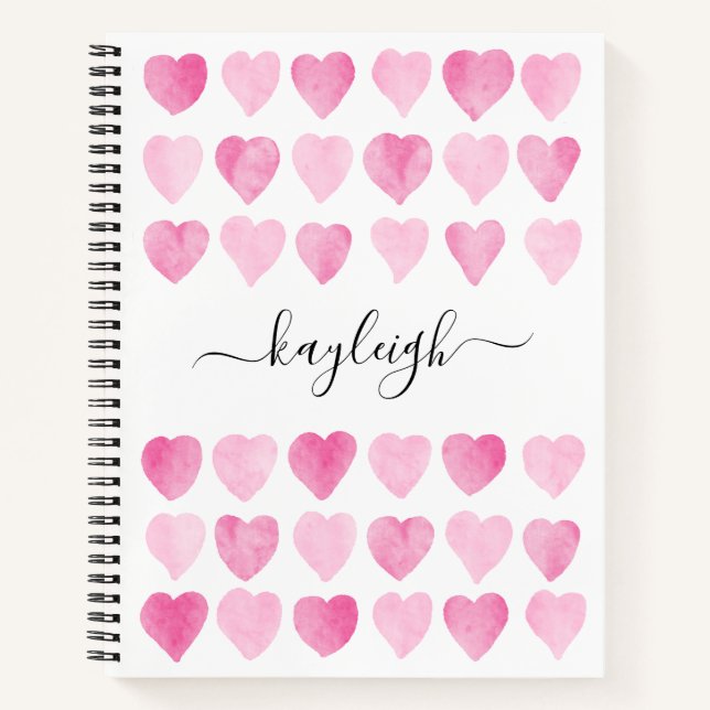 Cute Pink Watercolor Hearts Notebook (Front)