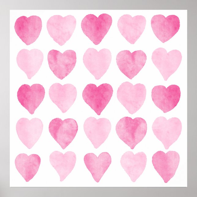Cute Pink Watercolor Hearts Poster (Front)