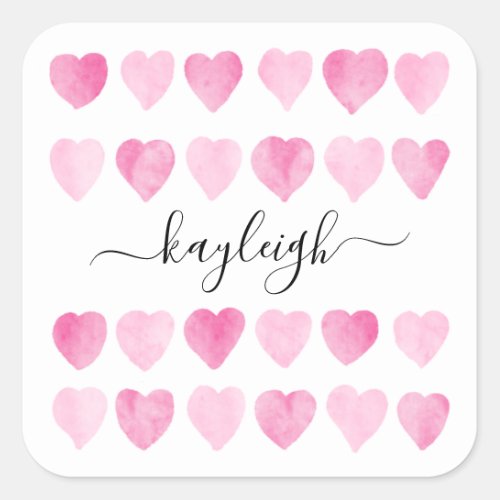 Cute Pink Watercolor Hearts Square Sticker