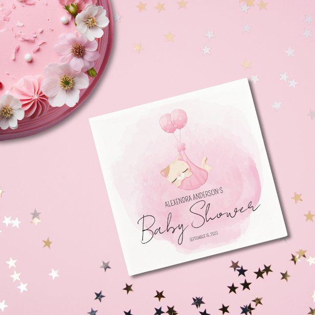  Cute Pink Watercolor Kitten Baby Girl Shower Napkins (Creator Uploaded)