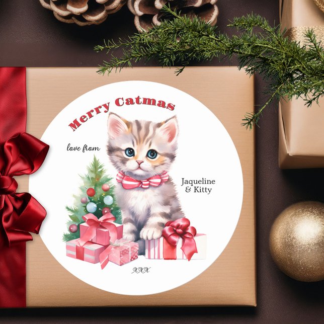 Cute Pink Watercolor Kitten Catmas Christmas Classic Round Sticker (Cute Christmas sticker featuring a watercolor kitty and Christmas tree with festive pink gifts)