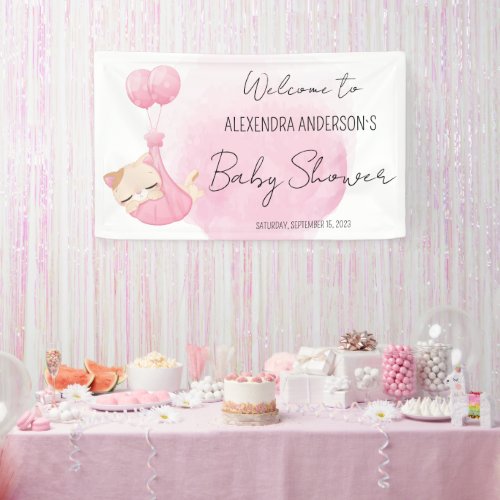 Cute pink watercolor kitten for baby girl Shower Banner