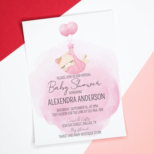  Cute pink watercolor kitten for baby girl Shower Invitation