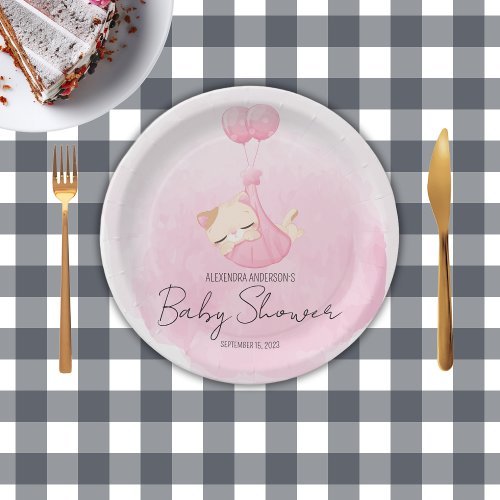  Cute pink watercolor kitten for baby girl Shower Paper Plates