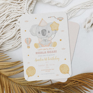 Cute Pink Watercolor Koala 1st Birthday Baby Party Invitation