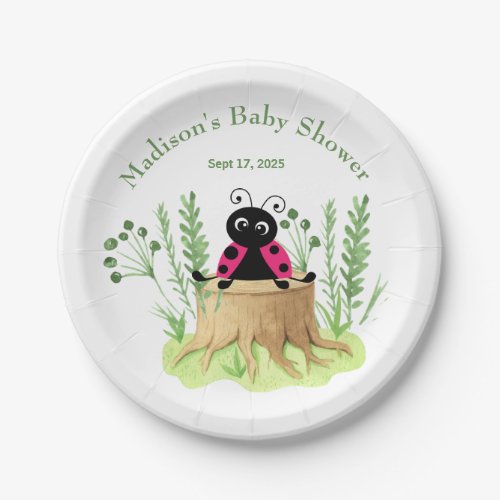 Cute Pink Watercolor Ladybug Baby Shower Paper Plates