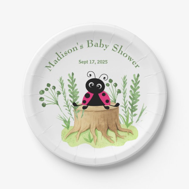 Cute Pink Watercolor Ladybug Baby Shower Paper Plates (Front)