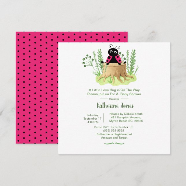 Cute Pink Watercolor Ladybug Girls Baby Shower   I Invitation (Front/Back)