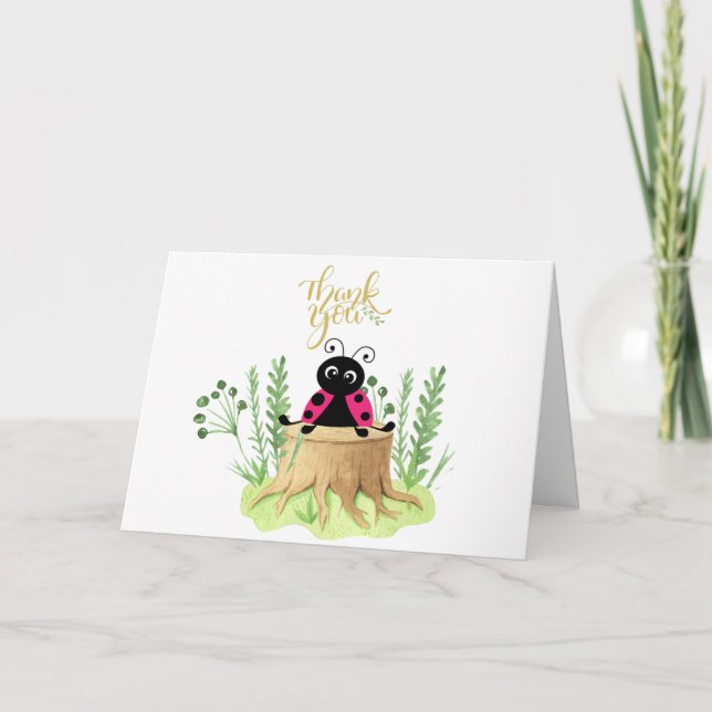 Cute Pink Watercolor Ladybug Thank You Note (Front)