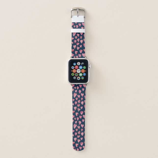 Cute Pink Watercolor Love Heart Pattern Apple Watch Band (Front)