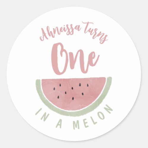 Cute Pink Watercolor One in a Melon Birthday Classic Round Sticker