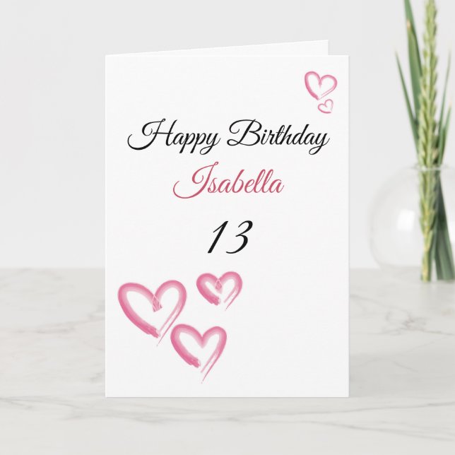 Cute Pink Watercolor Paint Hearts 13th Birthday Card (Front)
