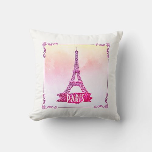 Cute Pink Watercolor Paris Eiffel Tower Girly Throw Pillow