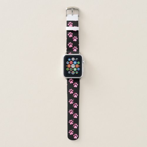 Cute Pink Watercolor Paw Prints on Black Modern Apple Watch Band