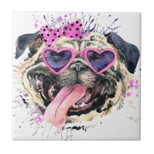 Cute Pink Watercolor Pug Ceramic Tile