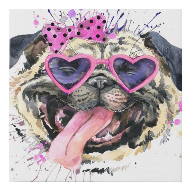 Cute Pink Watercolor Pug Faux Canvas Print (Front)