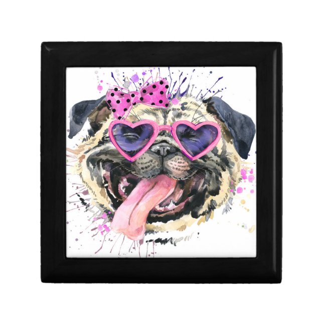 Cute Pink Watercolor Pug Gift Box (Front)