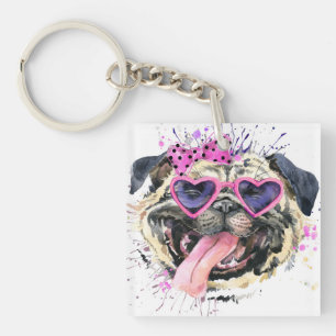 Cute Pink Watercolor Pug Keychain