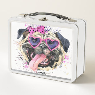 Cute Pink Watercolor Pug Metal Lunch Box