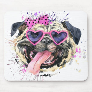 Cute Pink Watercolor Pug Mouse Pad