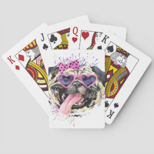 Cute Pink Watercolor Pug Poker Cards