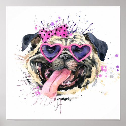Cute Pink Watercolor Pug Poster