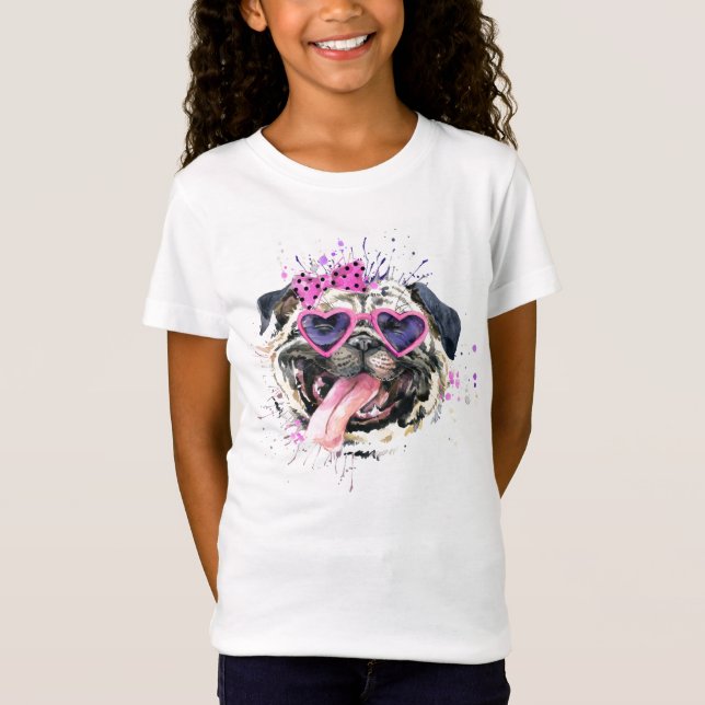Cute Pink Watercolor Pug T-Shirt (Front)