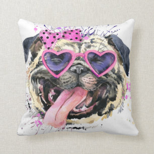 Cute Pink Watercolor Pug Throw Pillow
