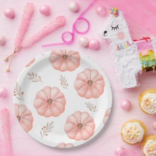 Cute Pink Watercolor Pumpkin Flower Paper Plates