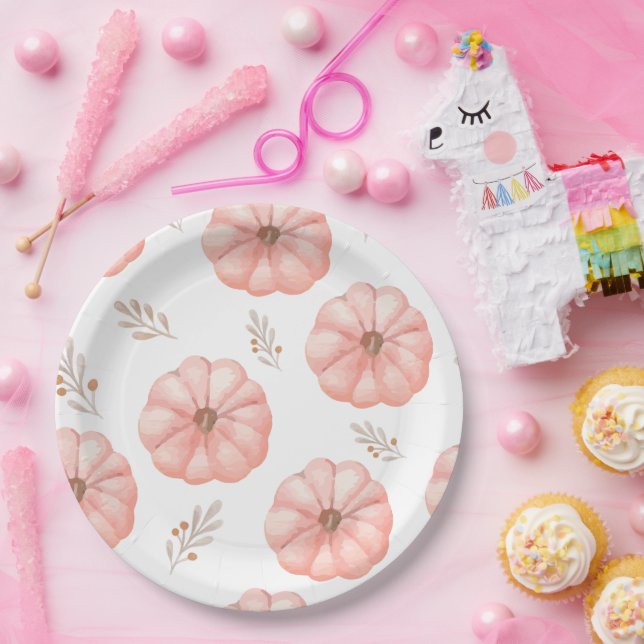 Cute Pink Watercolor Pumpkin Flower Paper Plates (Party)