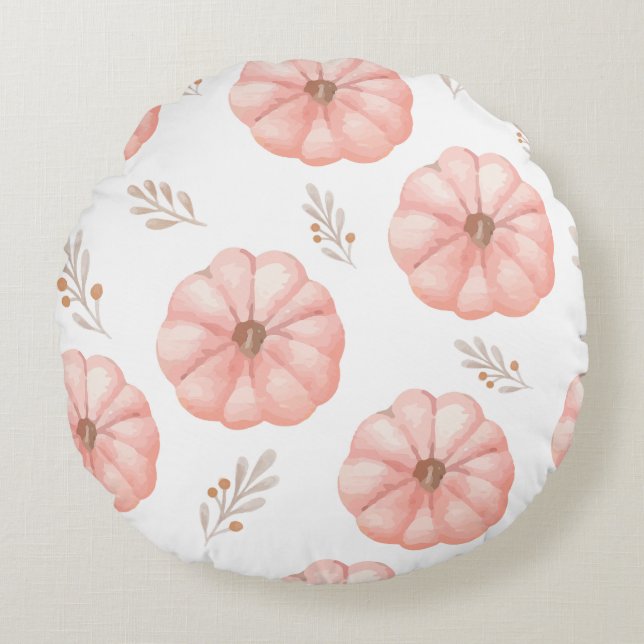 Cute Pink Watercolor Pumpkin Flower Round Pillow (Front)