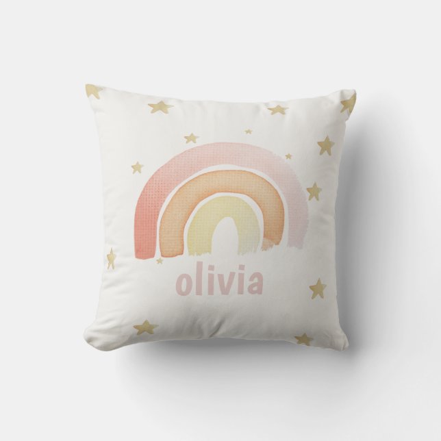 Cute Pink Watercolor Rainbow & Stars Girl Name Throw Pillow (Front)