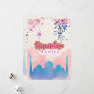 Cute Pink Watercolor Ramadan Mubarak Customizable Holiday Card