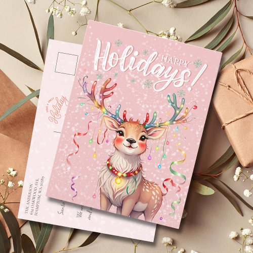 Cute Pink Watercolor Reindeer and Christmas Lights Postcard
