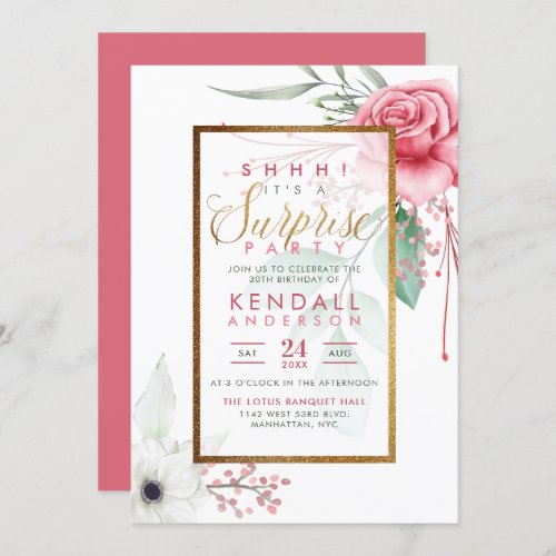 Cute Pink Watercolor Roses Floral Surprise Party Invitation