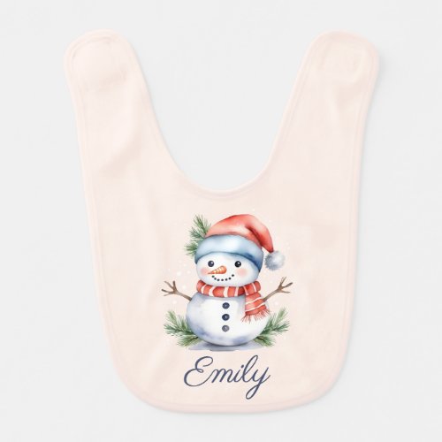 Cute Pink Watercolor Snowman  Baby Bib