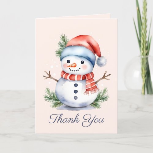 Cute Pink Watercolor Snowman Baby Shower Thank You Holiday Card