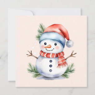 Cute Pink Watercolor Snowman Christmas Holiday Card