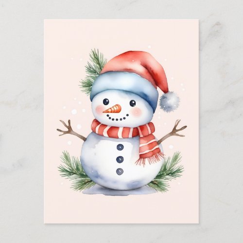 Cute Pink Watercolor Snowman Christmas Holiday Postcard