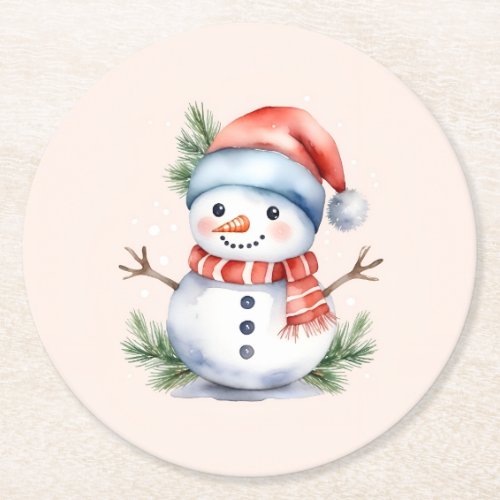 Cute Pink Watercolor Snowman Christmas Round Paper Coaster