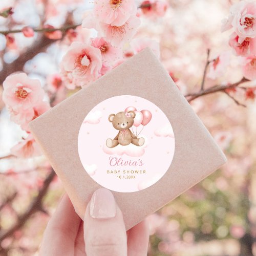 Cute Pink Watercolor Teddy Bear Boho Baby Shower Classic Round Sticker