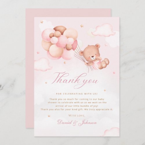 Cute Pink Watercolor Teddy Bear Girl Baby Shower  Thank You Card